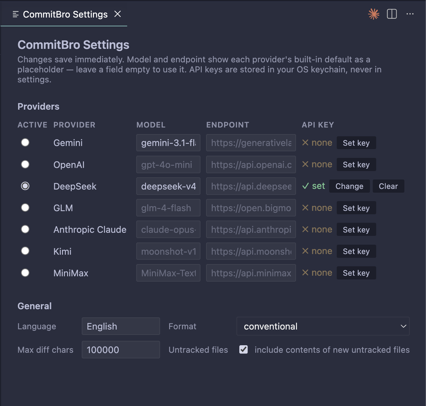 The CommitBro Settings tab: a table of all seven providers with an active-provider radio, model and endpoint fields showing built-in defaults as placeholders, and per-row API key status with Set key / Change / Clear buttons, above the general Language, Format, Max diff chars, and Untracked files options.